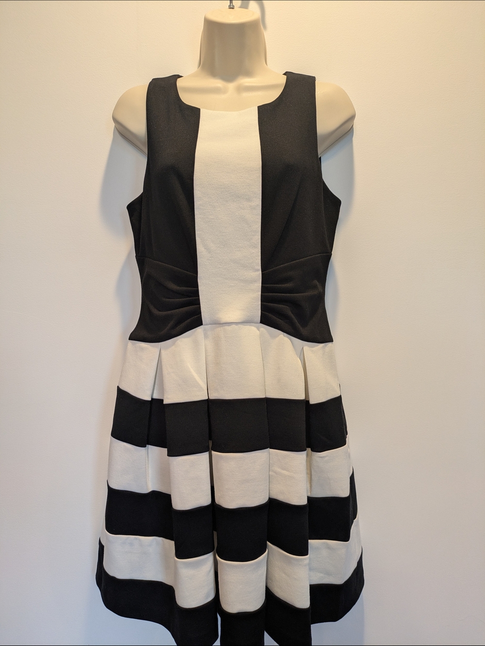 NWT Elle Black and White Striped Fit-and-Flare Dress